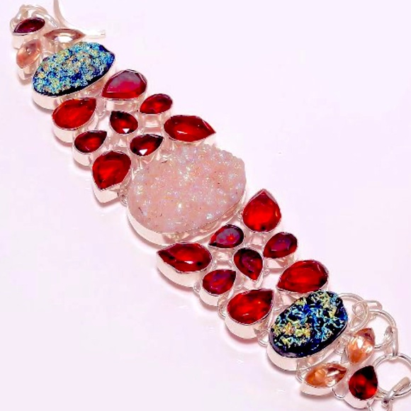 Custom Made Druzy and Synthetic Red Garnet Adjustable Bracelet - Picture 1 of 2
